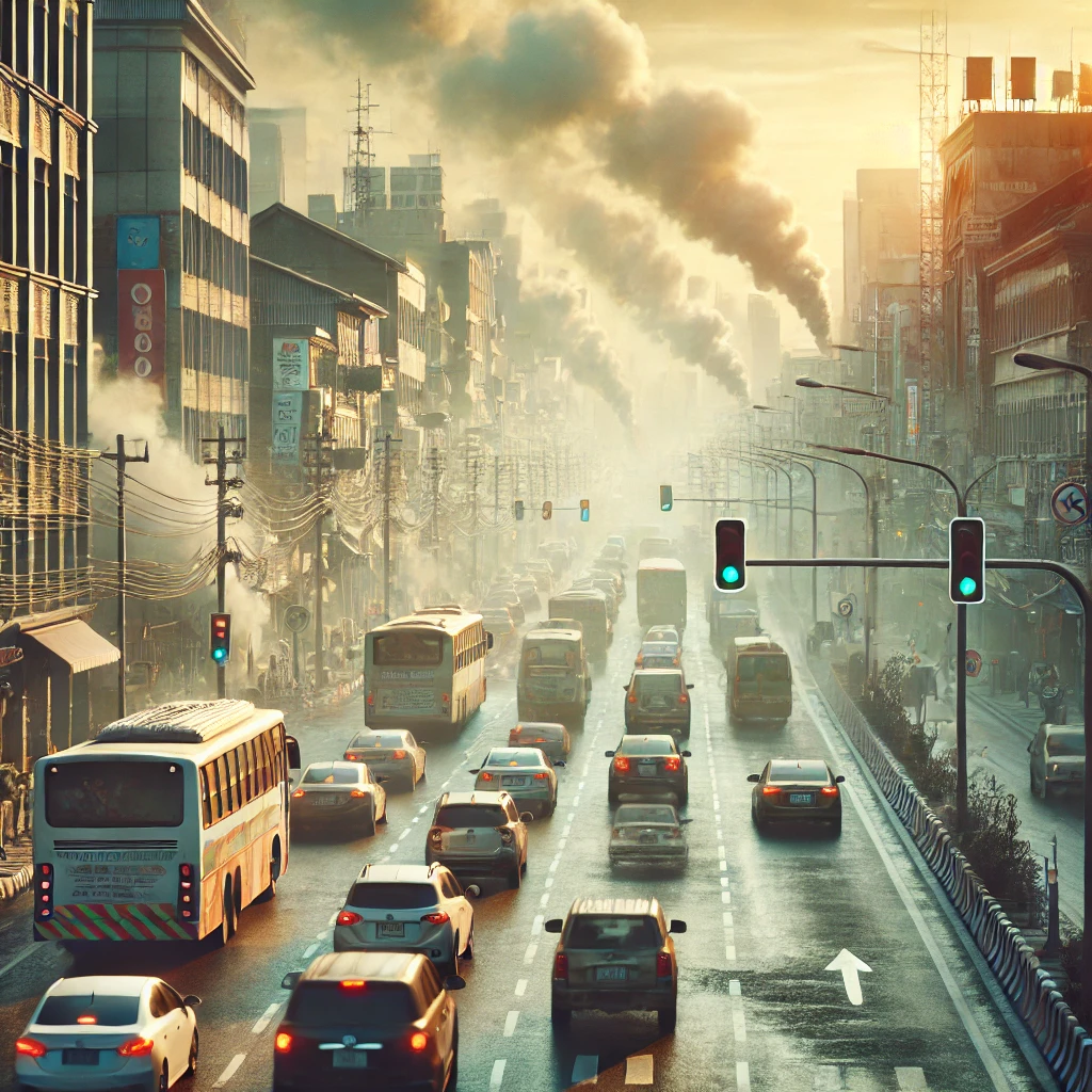 A generated image shows a busy city street, the air thick with pollutants that contribute to infertility.