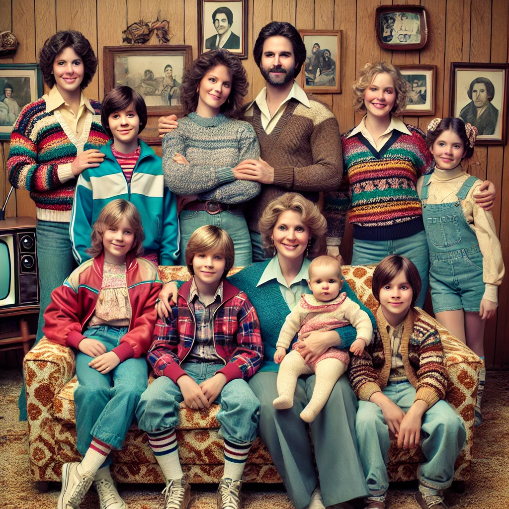 A family photo set in the 80s shows parents with 9 children.