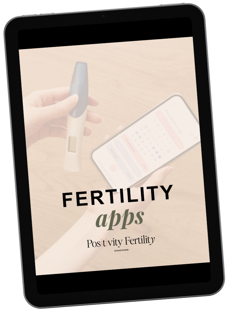 Tablet screen shows a pregnancy test and an iphone next to the words: Fertility Apps