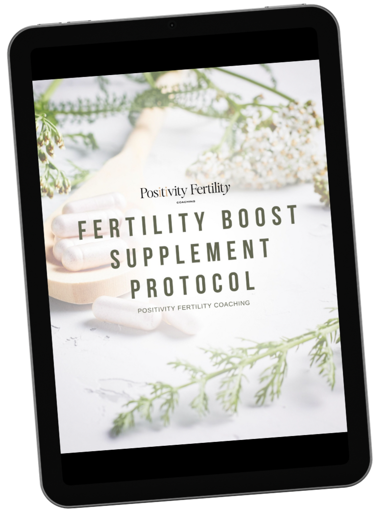 Tablet screen shows an image of supplements next to the words: Fertility Boost Supplement Protocol