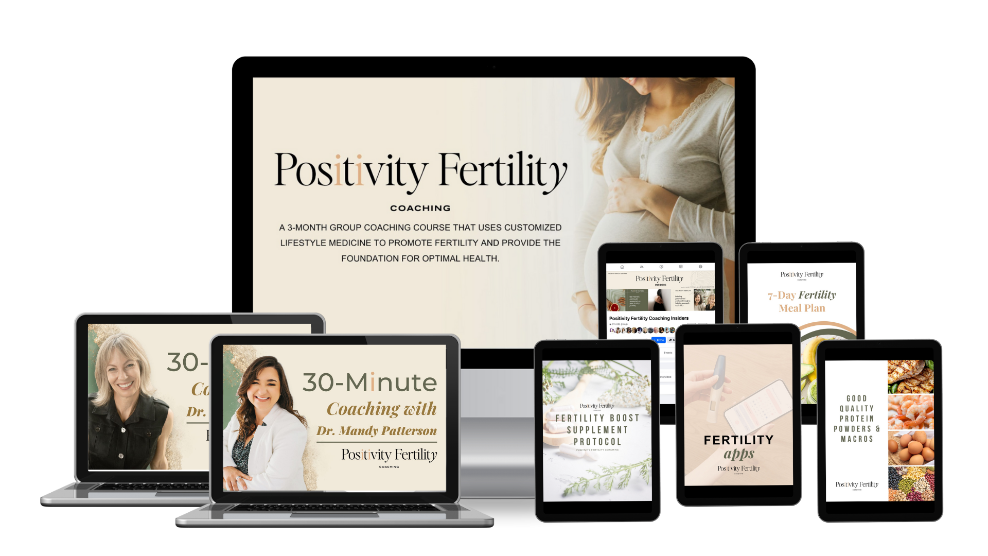 Computer, laptop, and tablet screens show previews of the curriculum for Positivity Fertility Online Fertility Coaching Cohort.