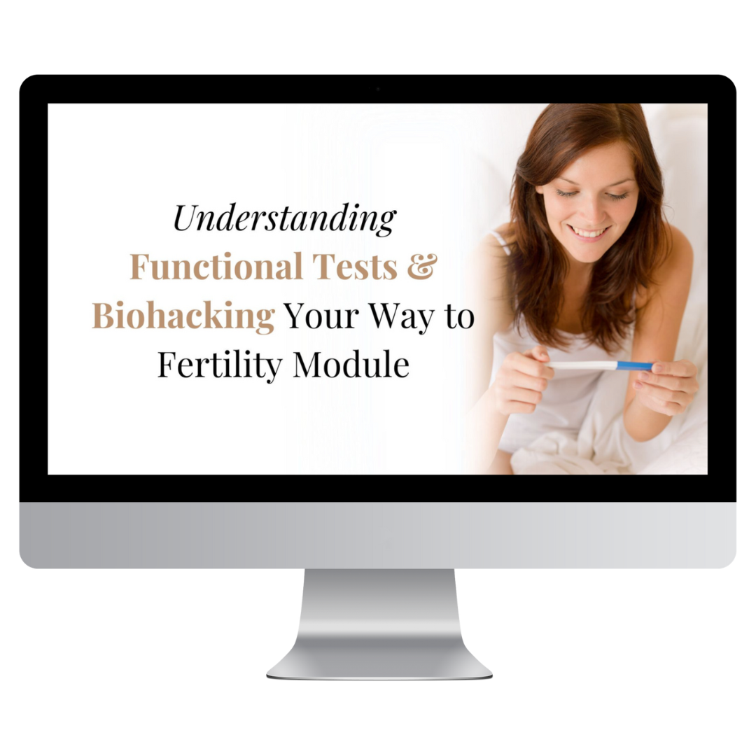 A computer screen shows a happy woman looking at a positive pregnancy test next to the words: Understanding Functional Tests & Biohacking Your Way to Fertility