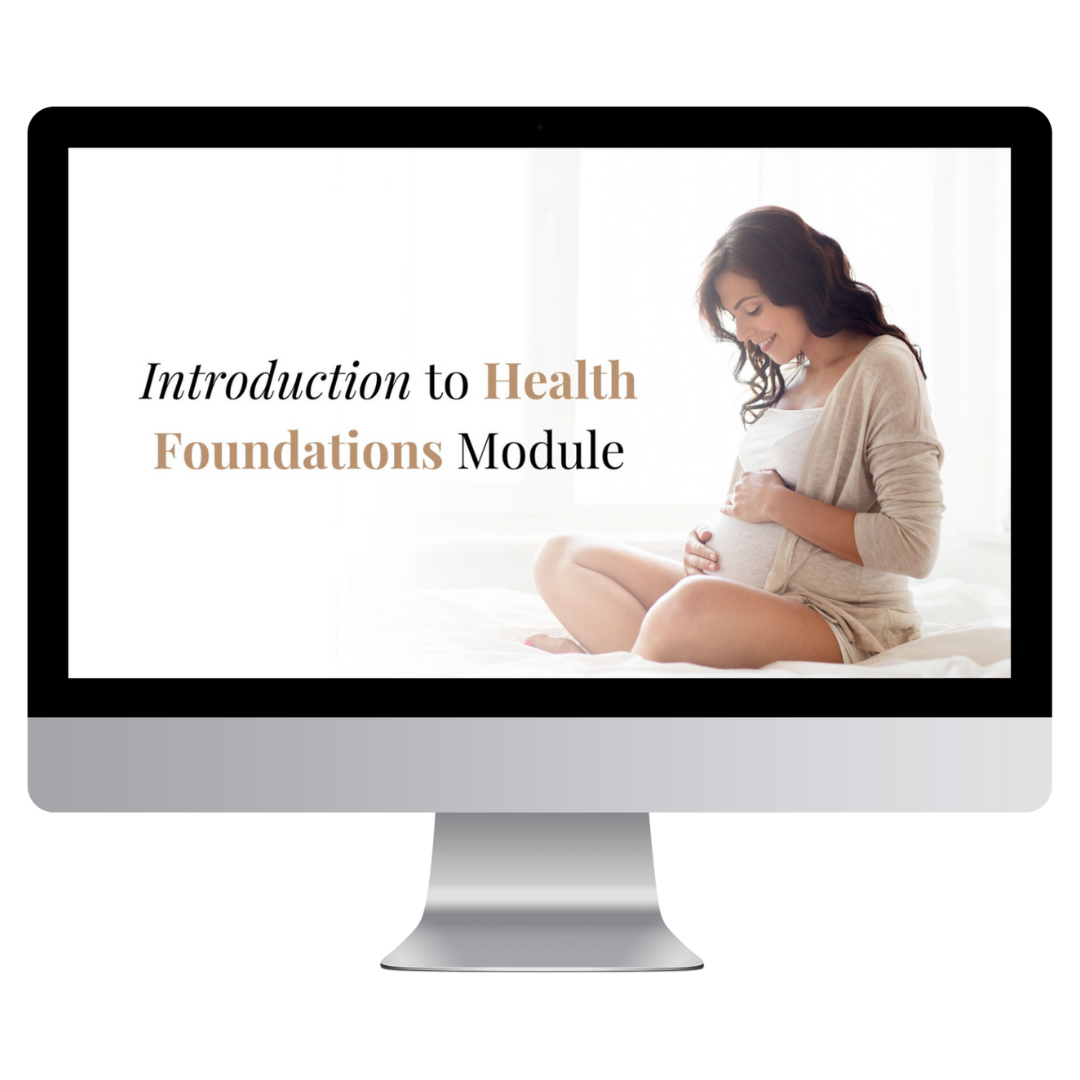 A computer screen shows a happily pregnant woman next to the words: Introduction to Health Foundations Module.