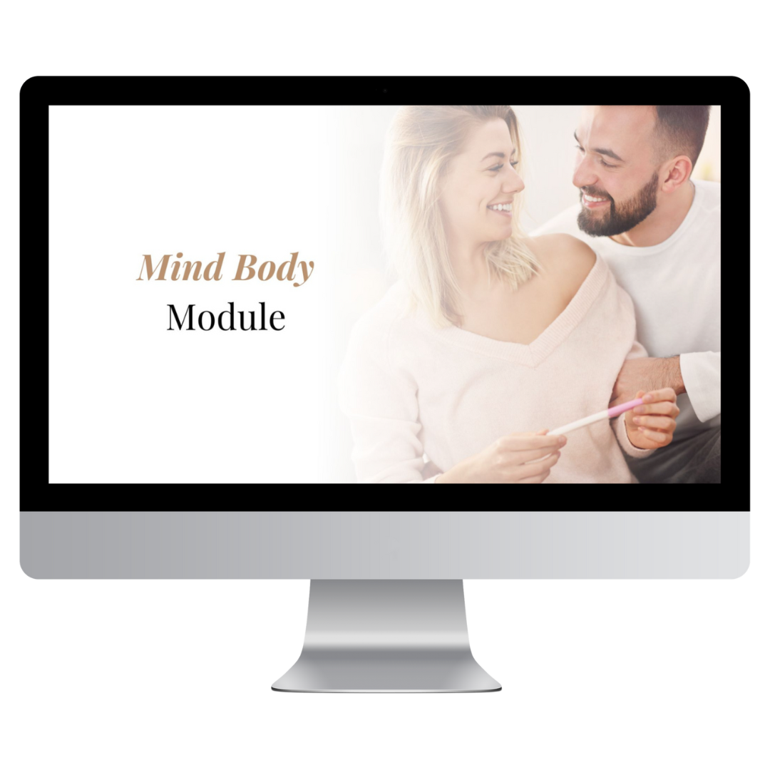 A computer screen shows a happy couple with a positive pregnancy test next to the words: Mind Body Module