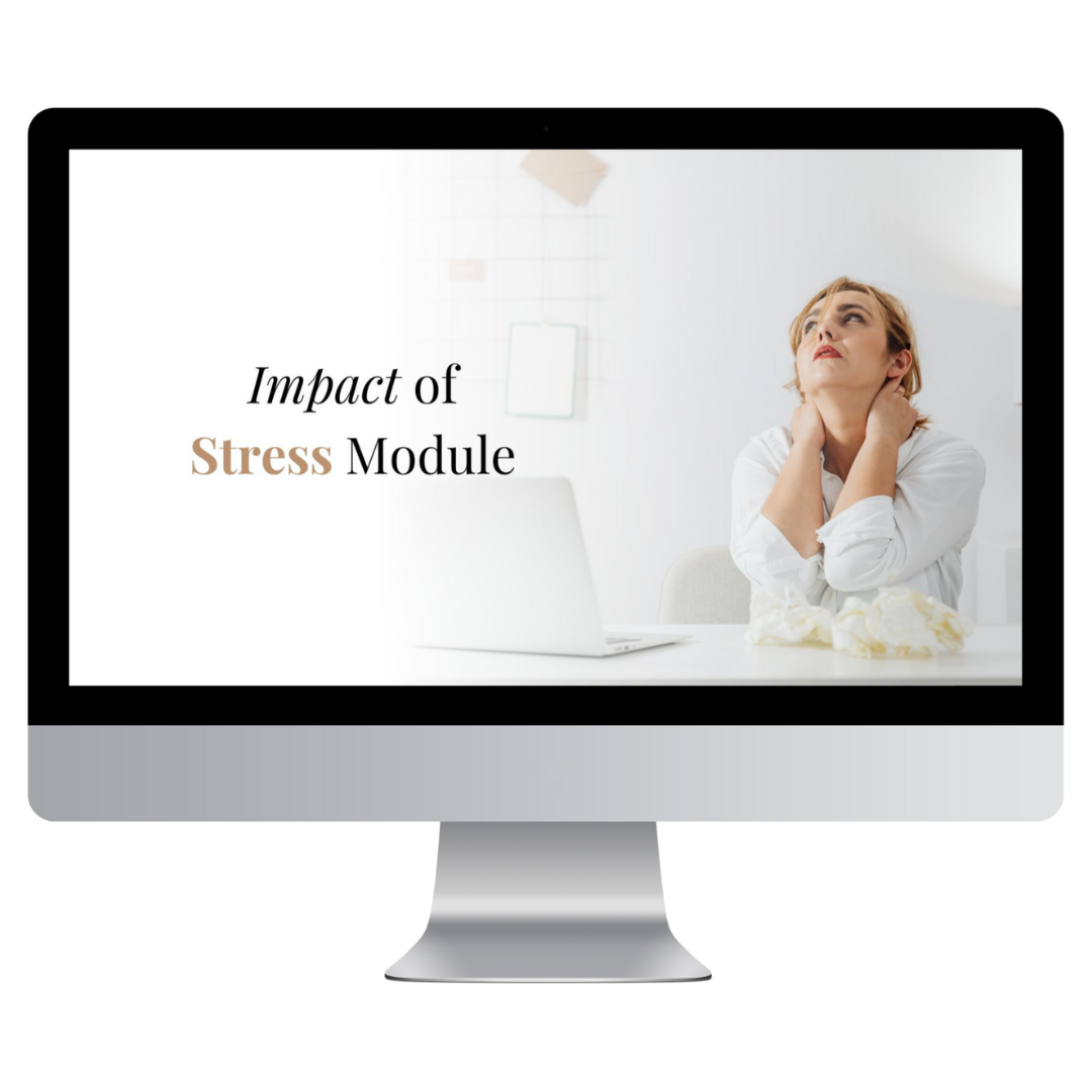 A computer screen shows a stressed woman next to the text: Impact of Stress Module | Online Fertility Coaching