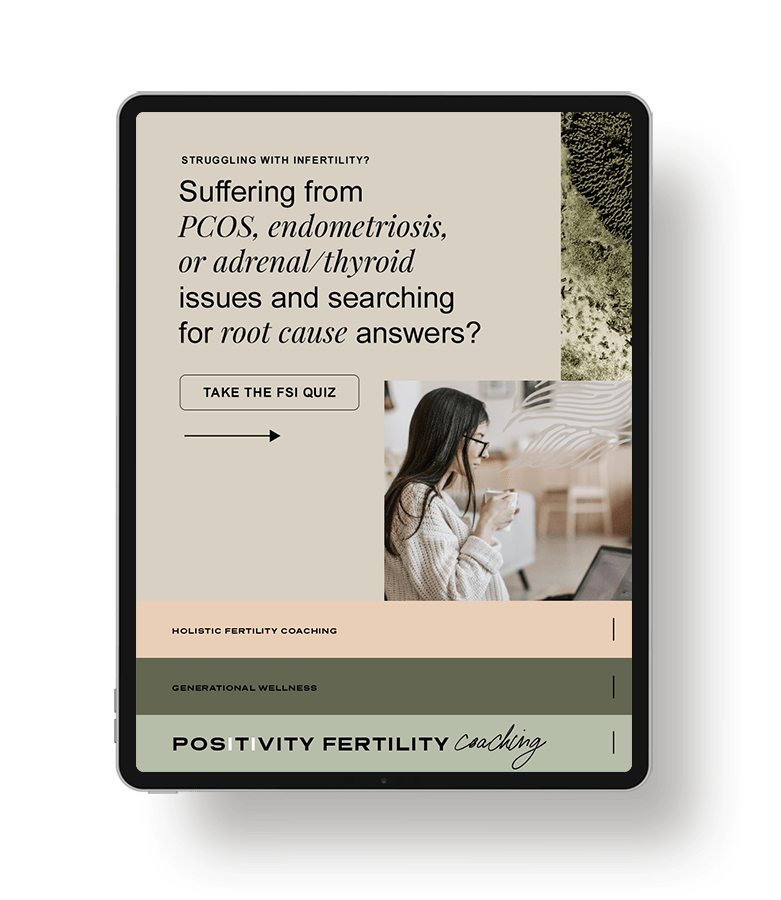 An ipad screen shows a woman taking an online fertility quiz next to the words: Suffering from infertility and searching for the root cause? Take the fertility quiz.