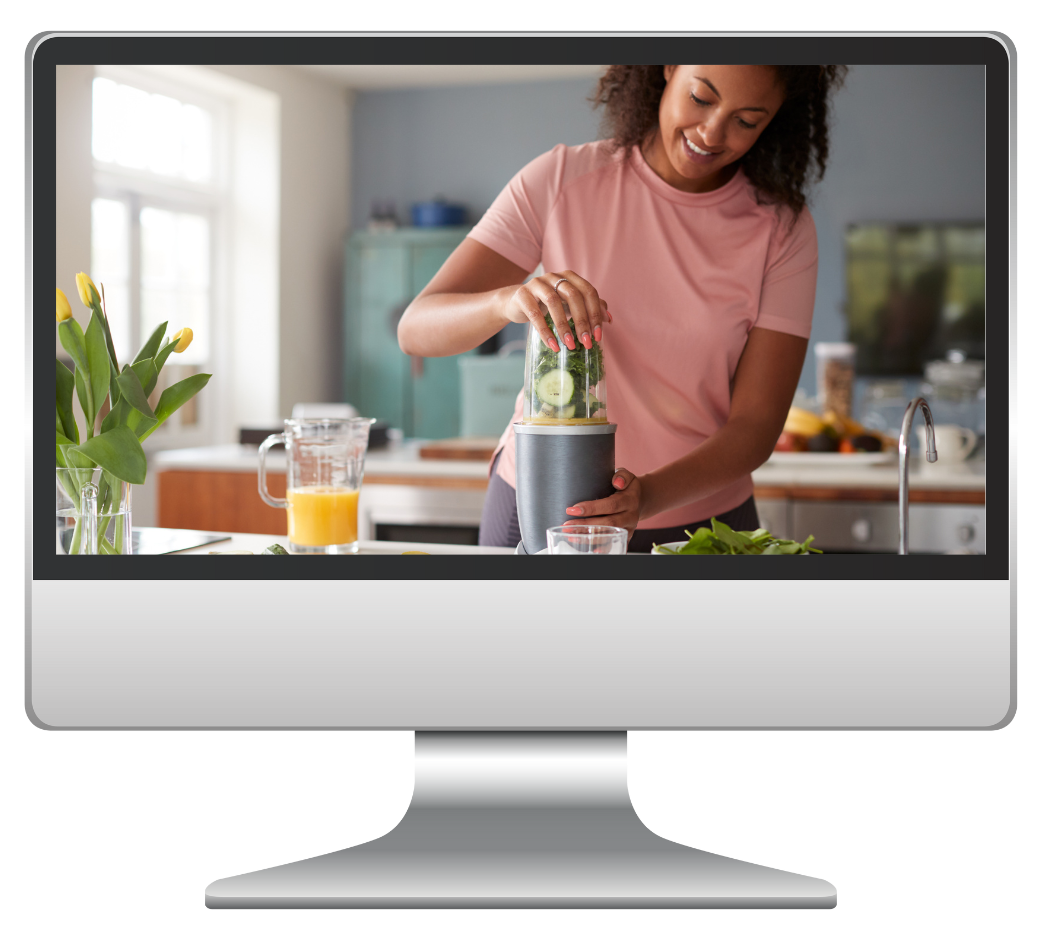 A computer screen shows a woman with a healthy, salad-based meal next to the text: Detoxing the Home and Body Module.