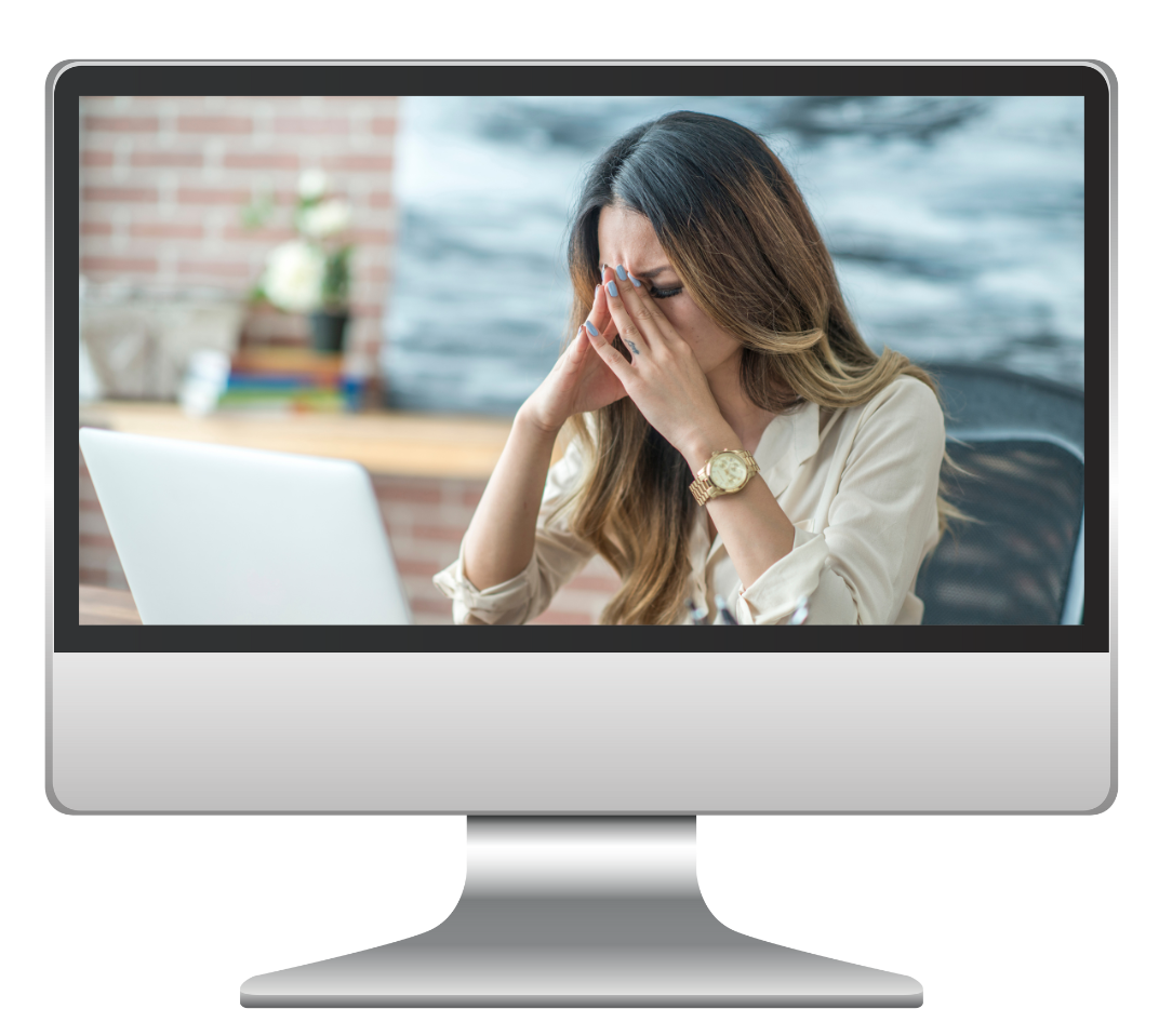 A computer screen shows a stressed woman next to the text: Impact of Stress Module | Online Fertility Coaching